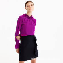 Cinched Sleeves Ruffle Neck Silk Shirt